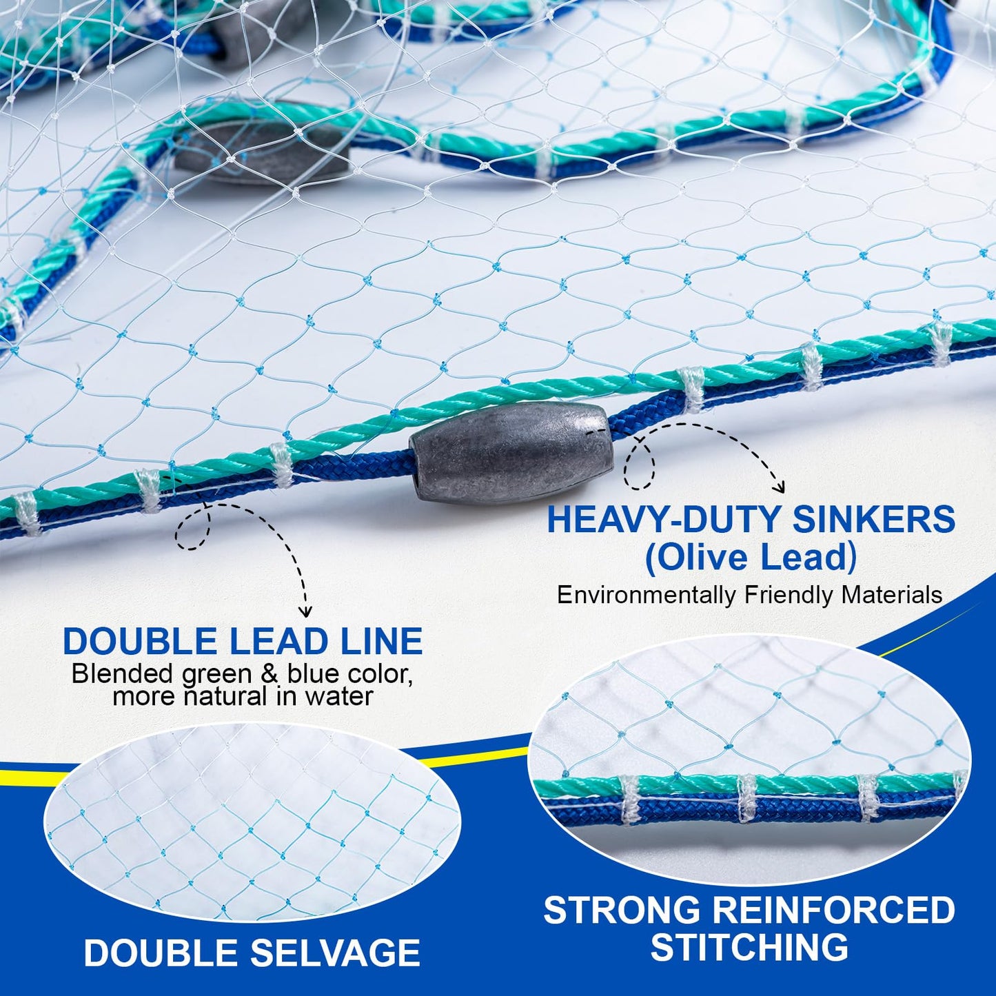 Goture American Fishing Cast Net Saltwater Freshwater, Heavy Duty Sinker, Dual Color Double Selvage, Increased Cast Net Area, 3/8 Mesh Fish Throw Cast Net with Needle for Shrimp Trap, 6Ft Radius