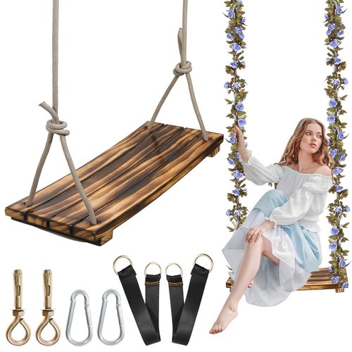 FOKOL 2025 Upgraded Large Wooden Swing Seat, 24"x 9.8", Hanging Tree Swing for Adults & Kids, 500lbs Load, Adjustable Nylon Rope & Tree Straps, Indoor/Outdoor Swings with Purple Floral Garland