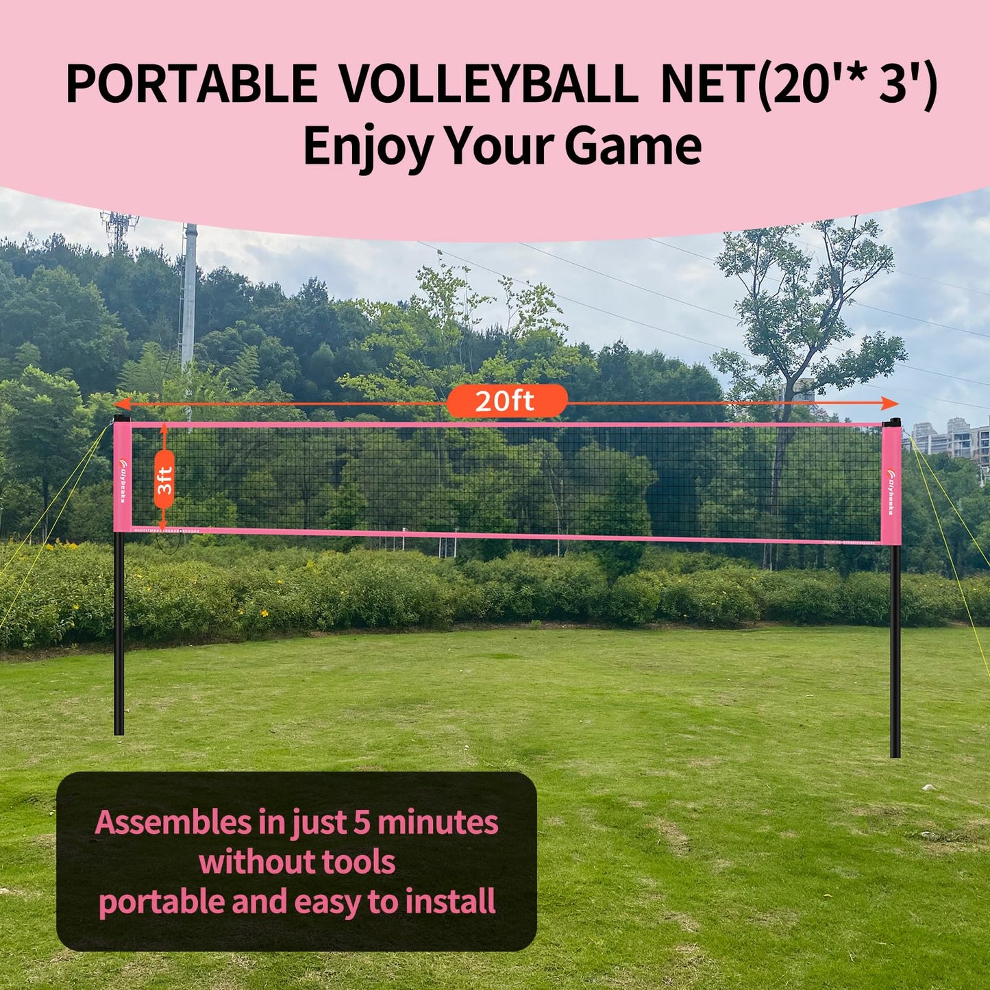 Portable Outdoor Volleyball Net Set for Backyard Beach with Adjustable Poles, Soft PU Volleyball & Pump, Carry Bag and Durable Anti-Sagging Net (Pink, 20ft)