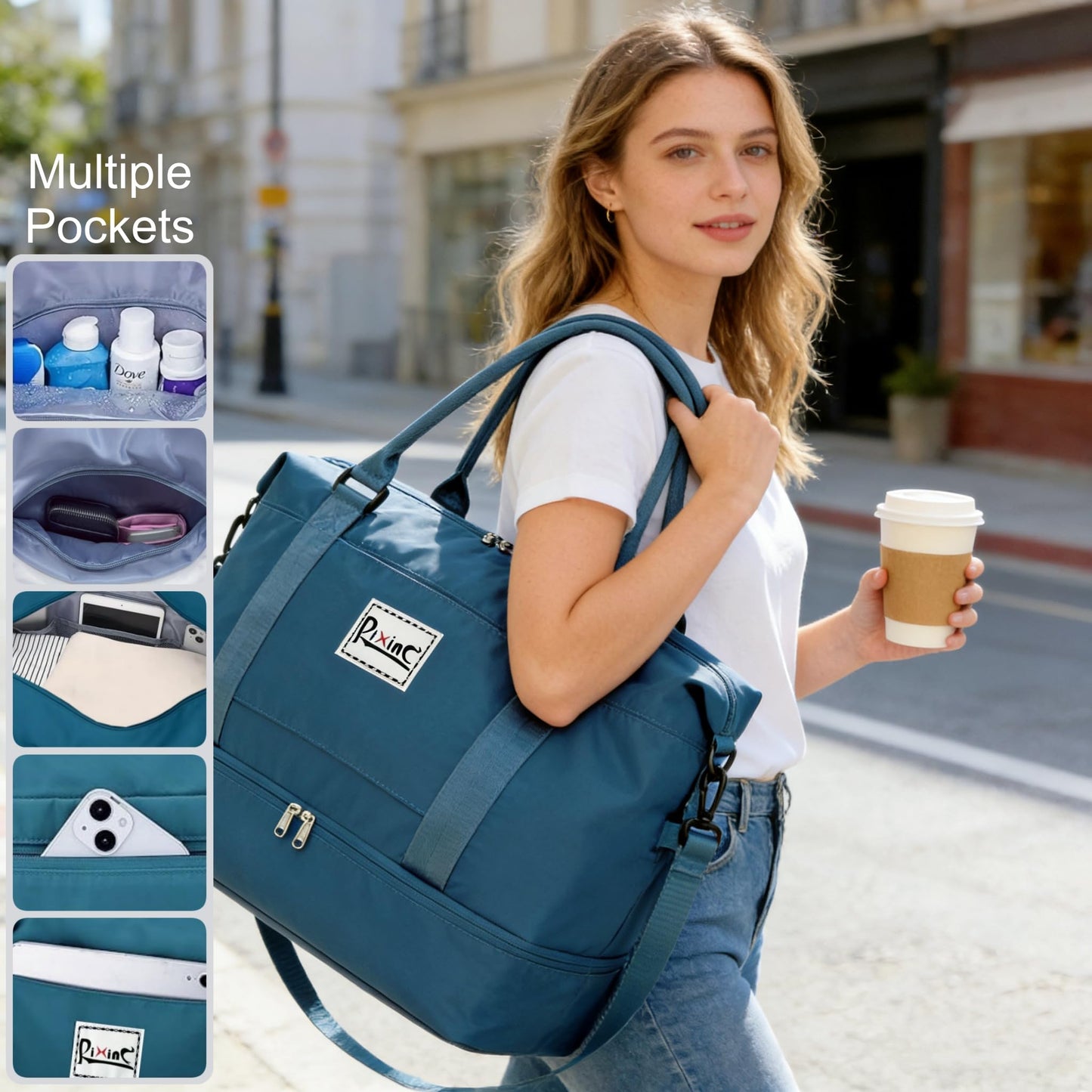 BELiXP Women Travel Duffel Bag, Carry on Weekender Overnight Bag for Women, Travel Tote Bag with Shoe Compartment & Wet Pocket, Lightweight Travel Bag for Vacation Sports Gym (Peacock Blue, L)