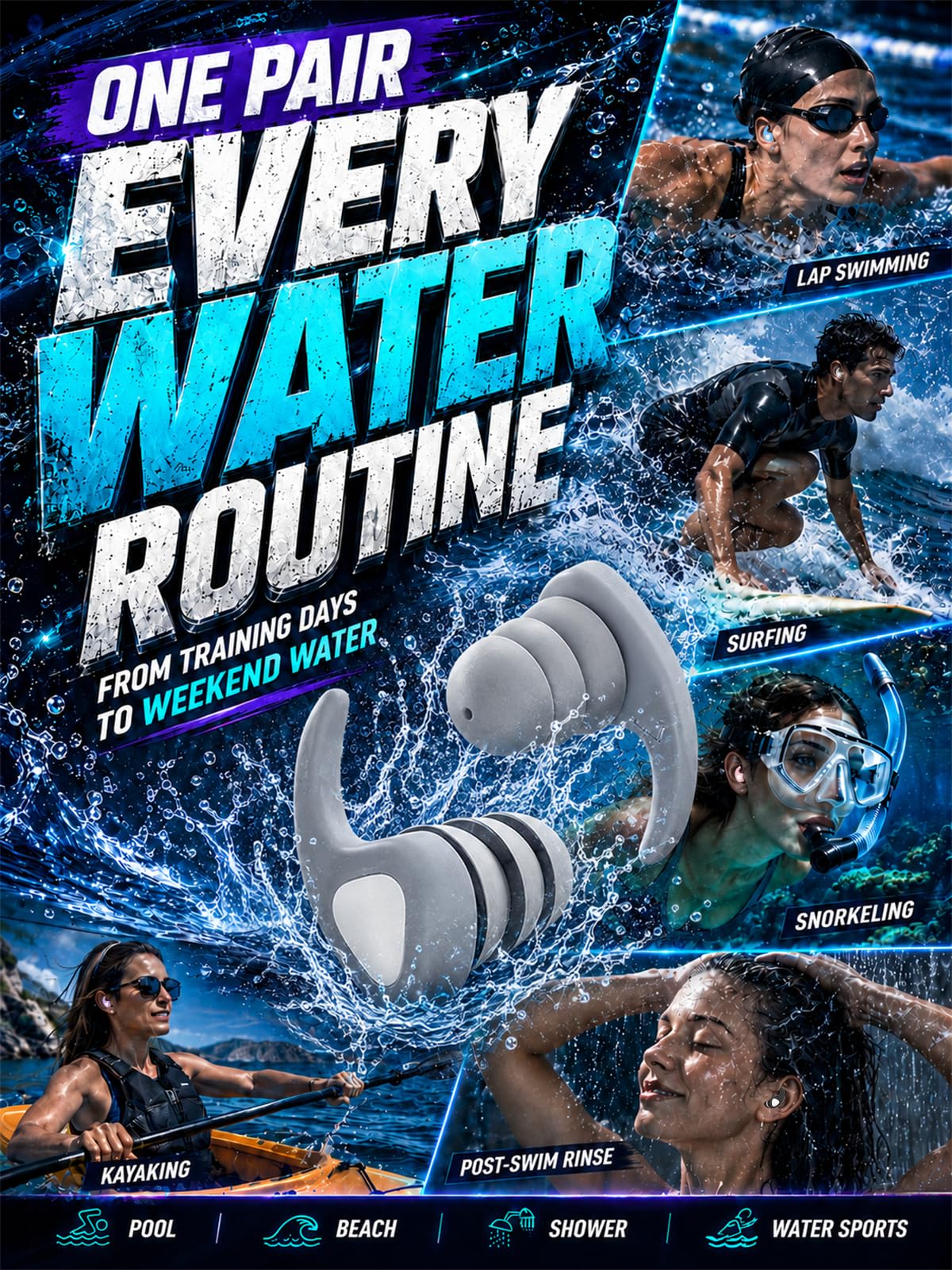 Swimming Ear Plugs, 3 Pairs Waterproof Reusable Silicone Swim Ear Plugs for Swimmers Pool Bath Showering Surfing Kayaking (Adults & Teens 14+)