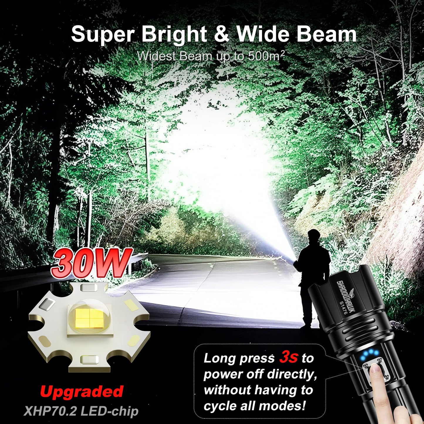 Flashlight 10000 High Lumens Rechargeable - 30W Super Bright LED Flash Light | 5000ft Beam & 12H Long Lasting USB C High Powered Handheld Police Flashlight for Home, Camping, Hiking, Emergency