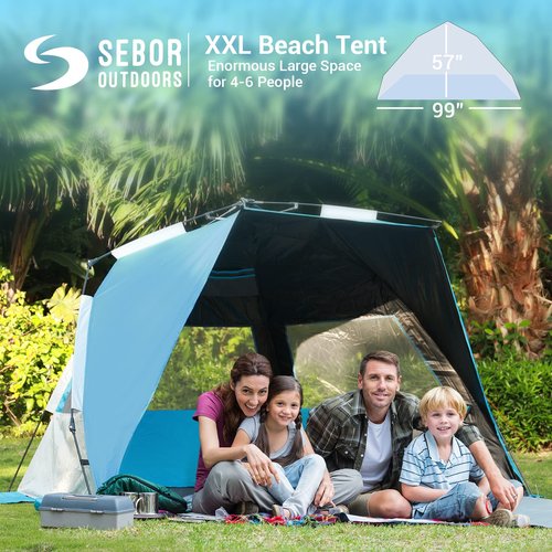 Sebor Beach Tent, Deluxe XL Pop-up Beach Tent Sun Shelter for 4-6 Person, UPF 50+ UV Protection, Easy Set Up and Portable Beach Shade Canopy Shade Tent for Beach Camping, Pacific Blue