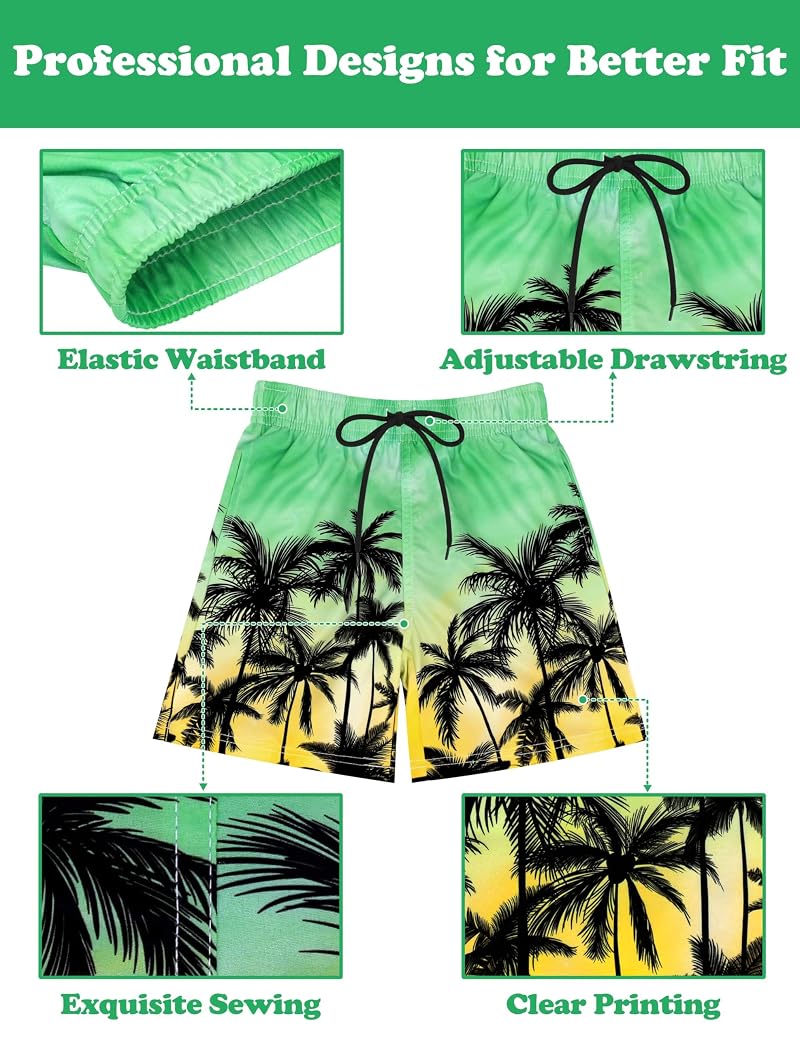 Boys Swim Trunks with Compression Liner - Quick-Dry Kids Board Shorts 8 Years Green Yellow Gradient Coconut Palm