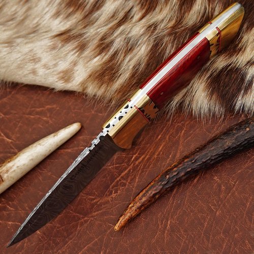 ColdLand Damascus Hunting Knife - 8.75 Inch Fixed Blade Knife with African Red Padauk Wood & Brass Bolster Handle - Full Tang Hunting Knives with Sheath for Picnic, EDC & Camping - NAK31