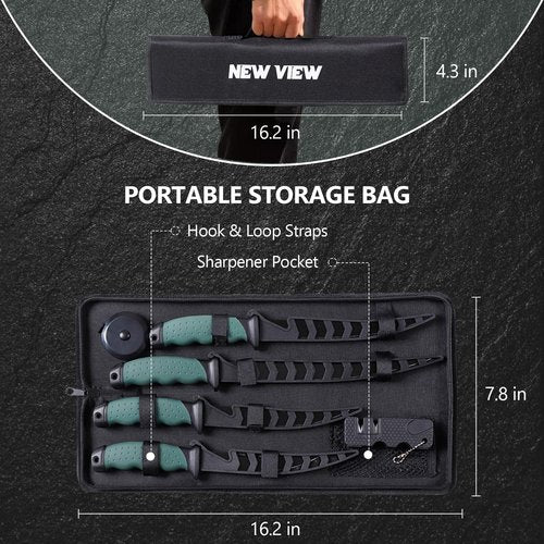 NEW VIEW Fillet Knife 7-Piece Corrosion-Resistant Stainless Steel Knife Set, 4 Fishing Knives Set with Non-Slip Handle, Sharpener, Storage Bag, Suitable for Freshwater and Saltwater