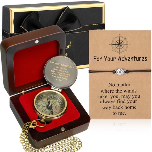Relaxweex Compass Gift Set Engraved Compass with Chain Souvenir Present Bracelet with Greeting Card Walnut Wooden Box Gift Box for Women Men Friends Party Souvenir Favors(Adventure)