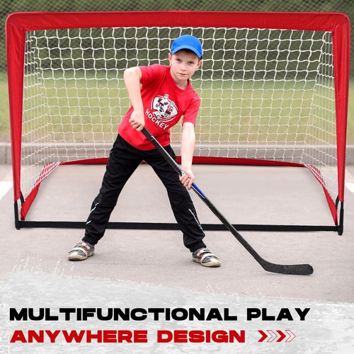 Gemscream Street Hockey Goal with Net Fiberglass Tube 4 Ground Spike and Storage Bag, 48''Portable Lightweight Easy Assembly Durable Hockey Goal Set for Outdoor Indoor Kid Player Training Equipment