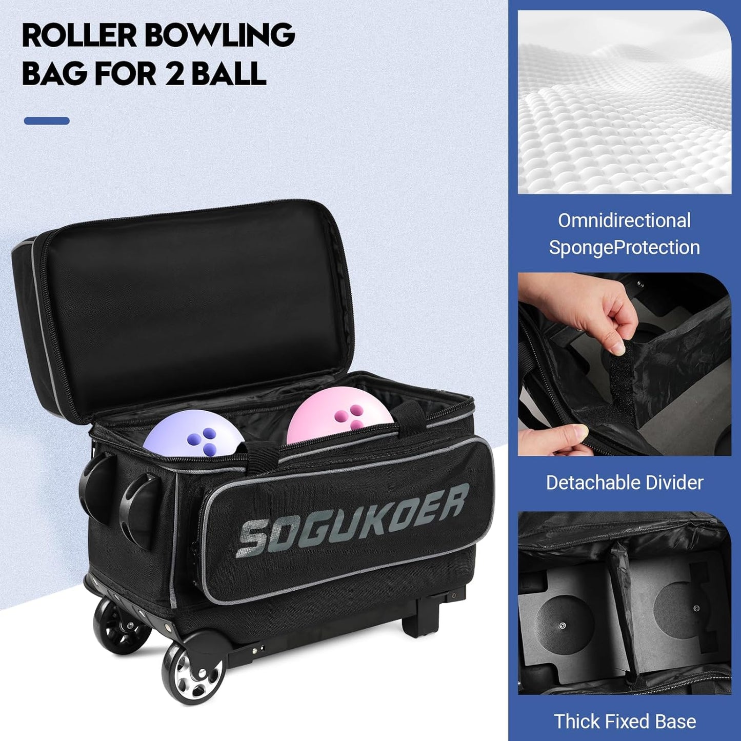 2 Bowling ball Bag with Wheels, Lightweight Trolley Double Ball Bowling bag with Large Separate Shoe Compartment and Oversized Accessory Pocket, Retractable Handle Extends To 39.5"