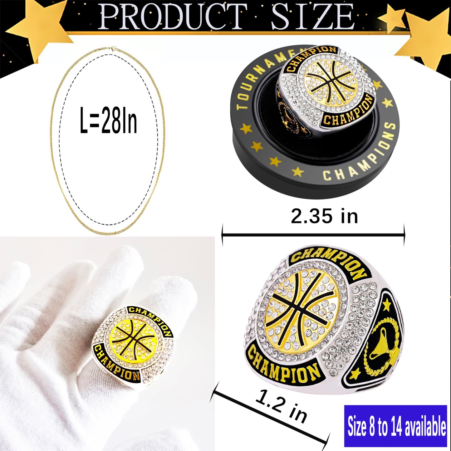 12 Pcs Basketball Championship Rings Basketball Ring Sport Ball Trophy Award Gift With Display Neck Chain and Stand for Tournament or League Champion Winner (6pcs gold basketball rings, size 11)