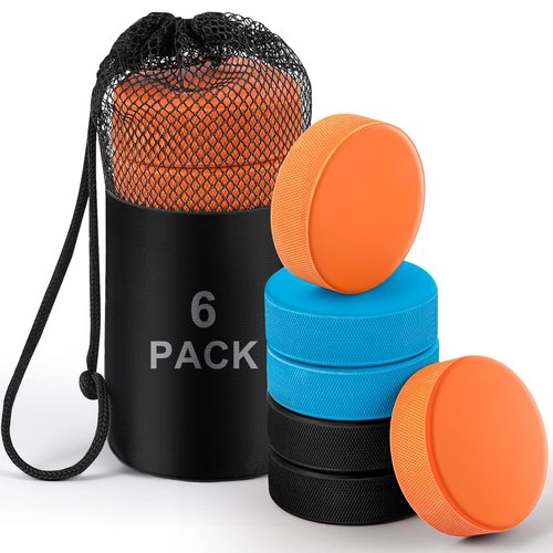 6 Pack Rubber Ice Hockey Pucks Weighted 10oz Lightweight 4oz Official Regulation Weight 6oz Training Puck Diameter 3" Thickness 1" with Mesh Carrying Bag for Stick Handling Training Drills