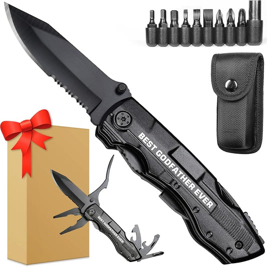 Godfather Multitool Knife 20-in-1 with Engraved Best Godfather Ever - Black