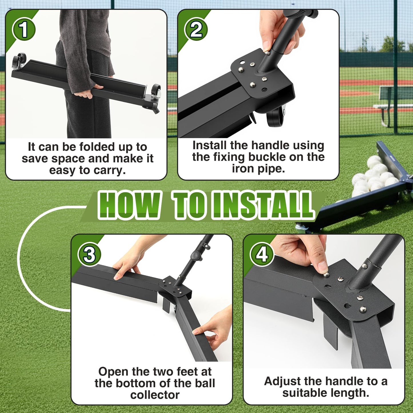 Motionchic 1 Set Heavy Duty Baseball Ball Picker, 45" Wide Roller Adjustable Handle (24"-42") 5kg Steel Frame with Smooth Casters for Grass Turf Clay, Indoor, Efficient Baseball Softball Collection