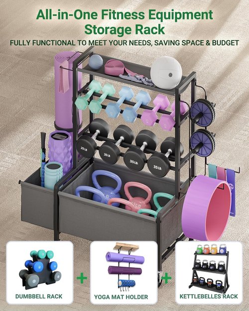 FavourLife Adjustable Dumbbell Rack, 4-Tier Movable Weight Rack Stand for Home Gym Up To 405lb with Lockable Caster & Hooks, Home Gym Equipment Storage for Dumbbell Kettlebell Yoga Mat Ball