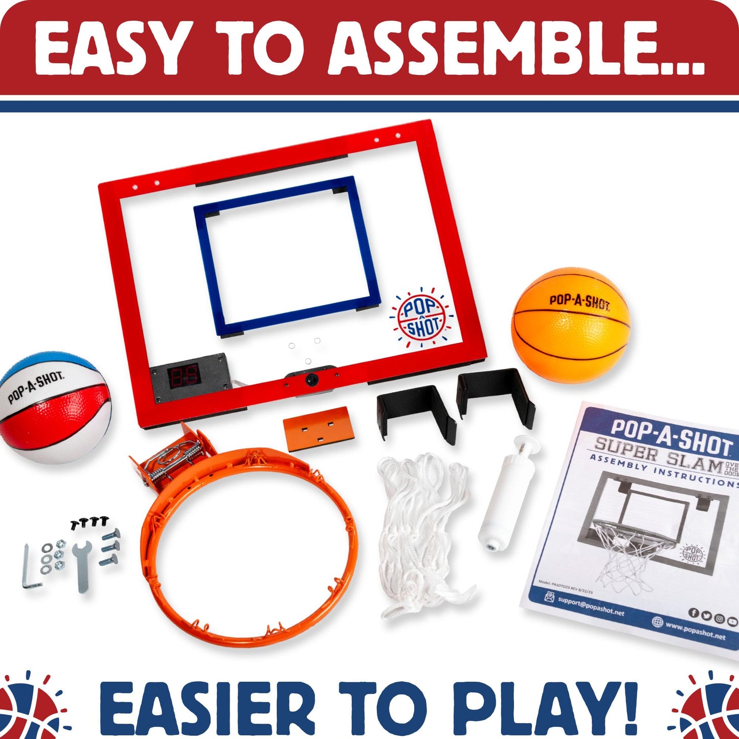 Pop-A-Shot Super Slam Over The Door Mini Basketball Hoop for Adults | 2 Included Basketballs and Pump | Built for Dunks | Breakaway Rim | Shatter Resistant Backboard | 17x12.5 Inches