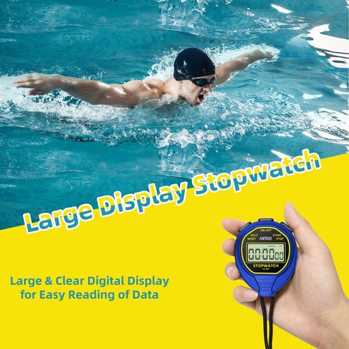 ANTEQI Waterproof Stopwatch Timer, Large Display Simple Silent Stop Watch with ON/Off Function No Clock No Calendar No Alarm Basic Operation for Sports Coaches Swimming Running Training, Blue