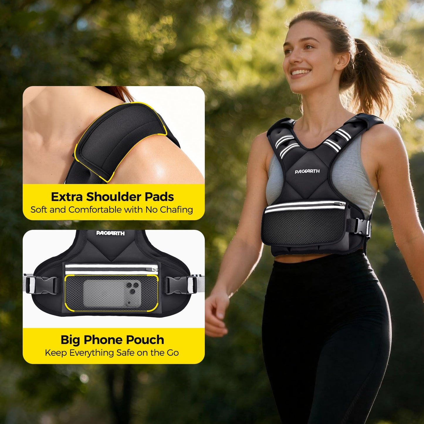 Adjustable Weighted Vest PACEARTH Ironsand Weight Vest with Six 1.5-lb Adjustable Weights, 11-20 lbs Total, Big Zipper Pouch, Home Workout Weight Vest for Men and Women in Cardio and Strength Training