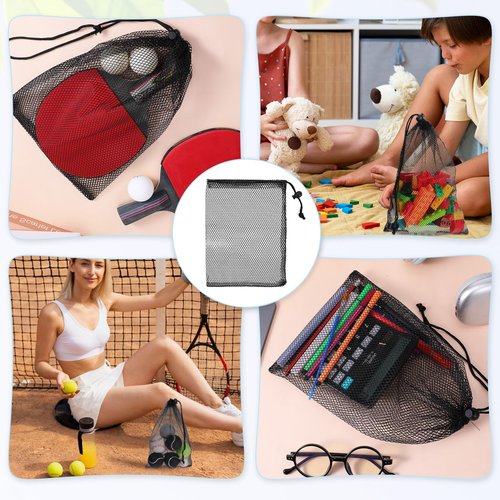 6 PCS Black Mesh Drawstring Bags, 7.87 X 11.81 Inch Portable Nylon Storage Bags, Black Mesh Bag Drawstring for Jewelry Beach Collecting Gifts Travel Sports Storage