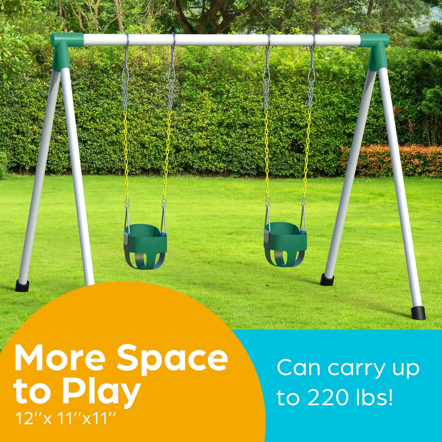 Jungle Gym Kingdom Baby Swing Outdoor - Heavy Duty Toddler Swing Set Accessories, High Back, Full Bucket Seat with Coated Chains for Outdoor Use - Fully Assembled - Green