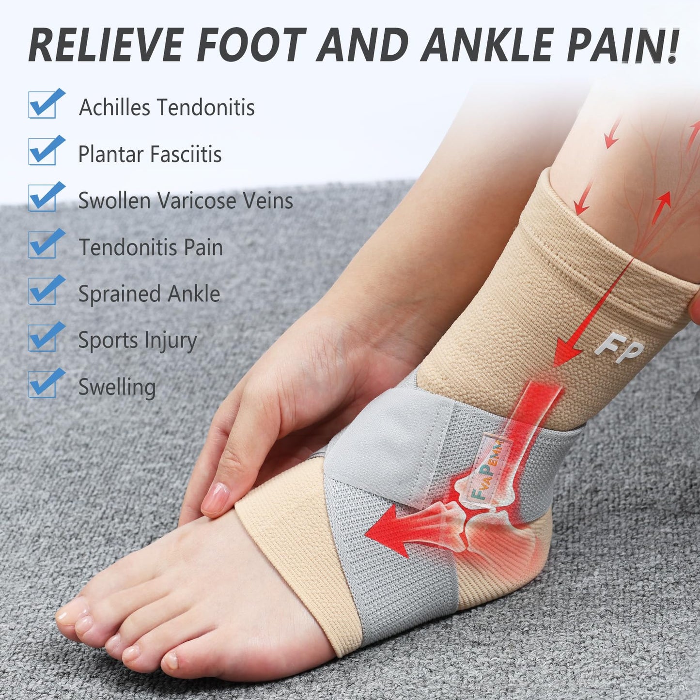 FvaPemm Copper Ankle Brace for Women Men 2 Pack Ankle Compression Sleeve Support for Sprained Ankle, Plantar Fasciitis Relief & Achilles Tendonitis Brace, Sports, Running, Nude, S