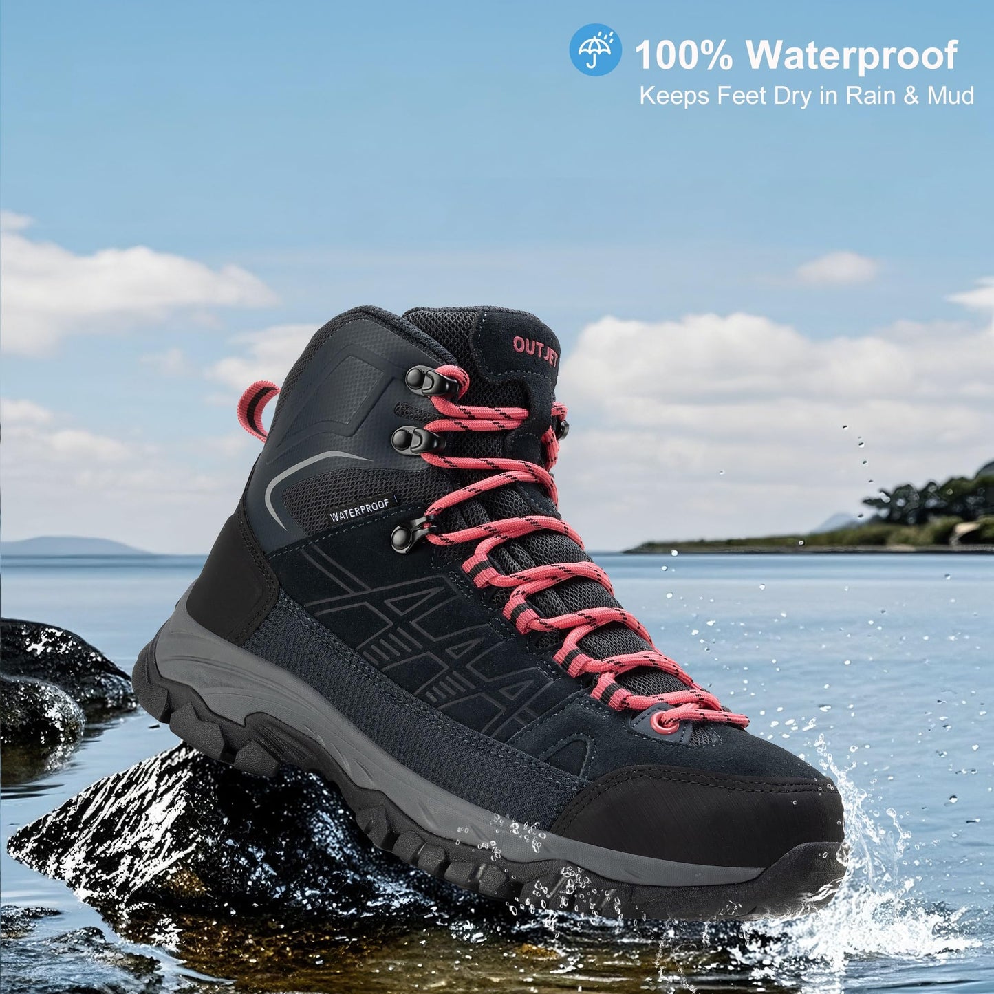 OUTJET Women's Waterproof Hiking Boots Lightweight Comfortable Non-Slip Outdoor Walking Trekking Trails Boot