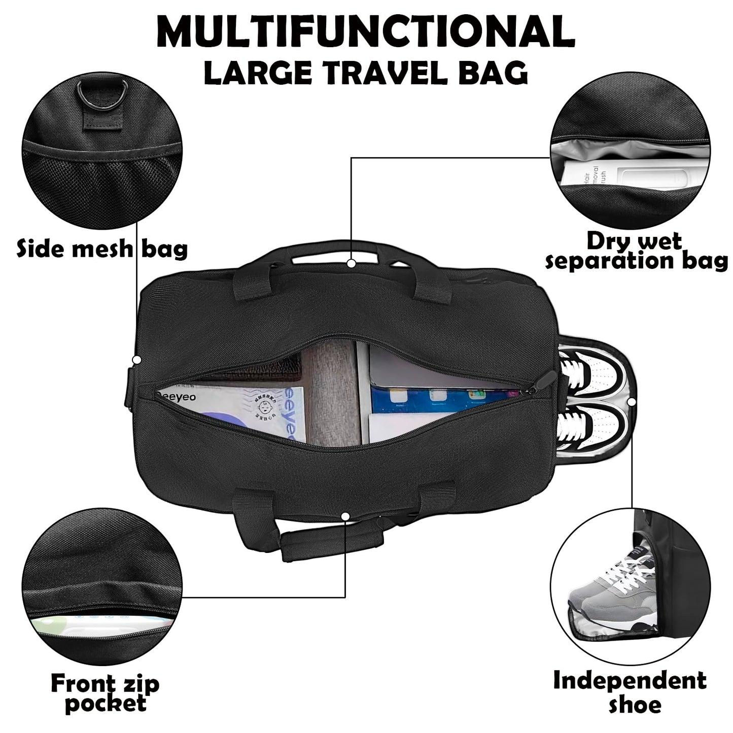OLLUJHA Gym Bag for Men Women, Duffle Bag with Shoe & Laptop Compartment, Waterproof Fitness Workout Sports Bag for Travel Overnight Weekend Swimming Yoga (Black, 42x25x20cm)