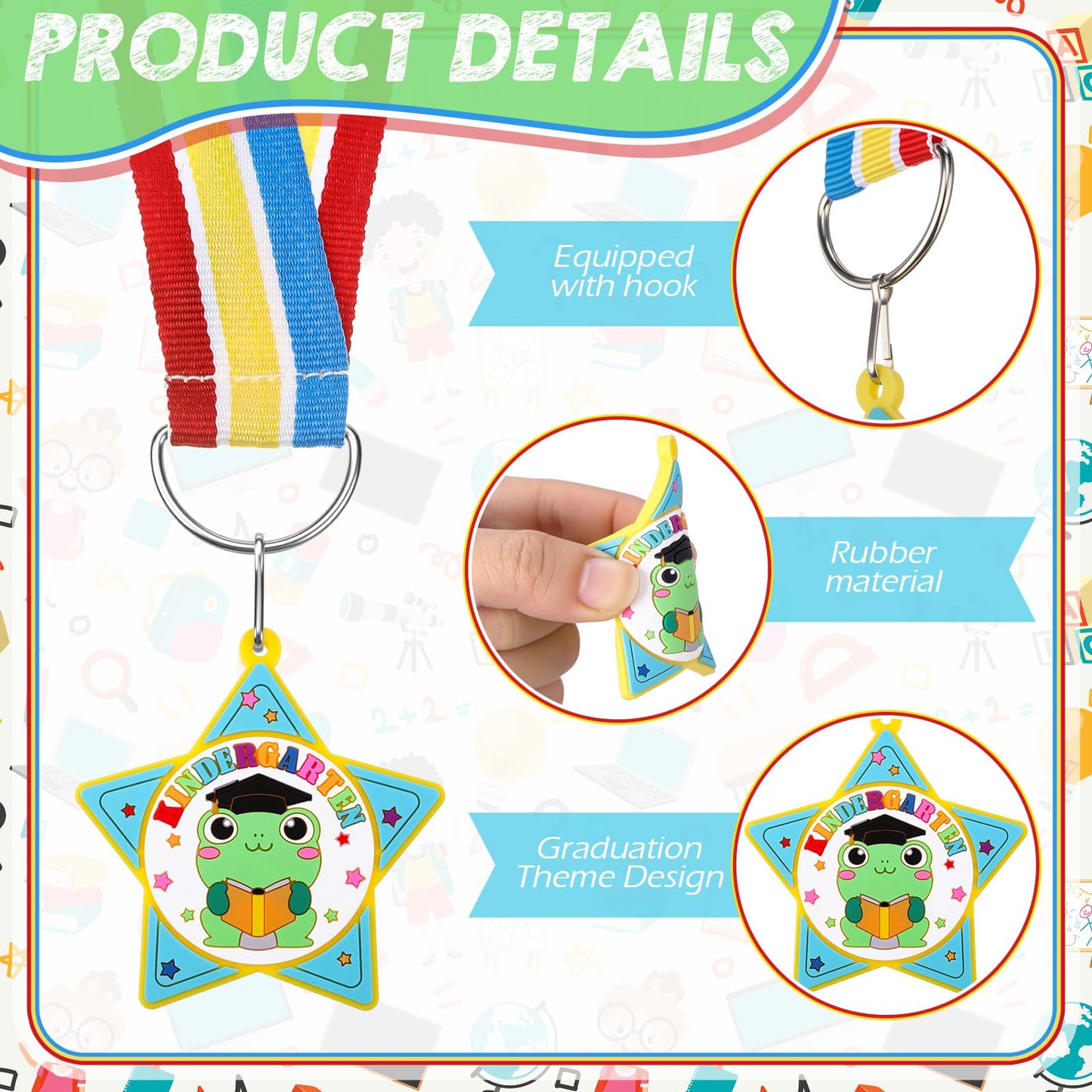 Landical 6 Pcs Preschool Pre-k Graduation Medal for Kids Bulk with Rainbow Neck Ribbon Kindergarten Grad Award Medals for School Students Grad Gifts Party Decorations(Frog)