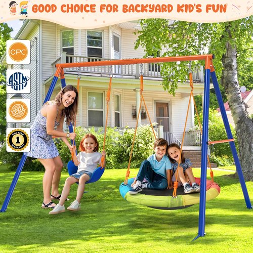 Amictoy Swing Set for Backyard with Stand - Heavy Duty 440lbs Metal A-Frame Outdoor Playset with 32" Saucer Swing & 26.2" Seats