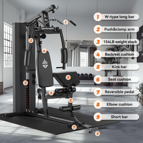 Sportsroyals Home Gym Equipment, 154LBS Weight Stack, Full Body Workout Machine with Pulley System for Strength Training (Black)