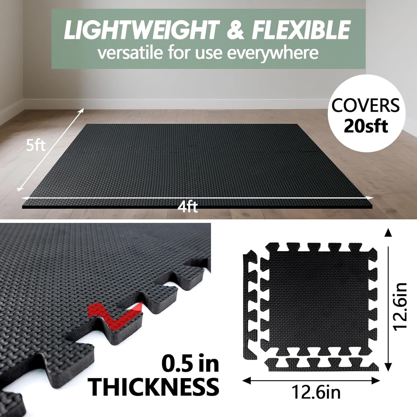 20 Sq Ft Gym Floor Mats (20 Tiles) – High-Density EVA Interlocking Foam Floor Tiles – Puzzle Exercise Mat for Home Gym, Workout Equipment, Weightlifting, Kids Play Area