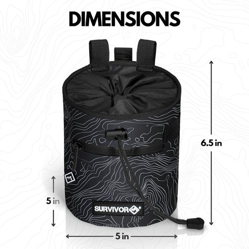 SURVIVOR Chalk Bag + Chalk Ball + Liquid Grip - Iconic Topographical Map, Draw String Closure, 2 Zippered Pockets, & Brush Holder - Bag for Rock Climbing, Bouldering, Weightlifting, Gymnastics & More