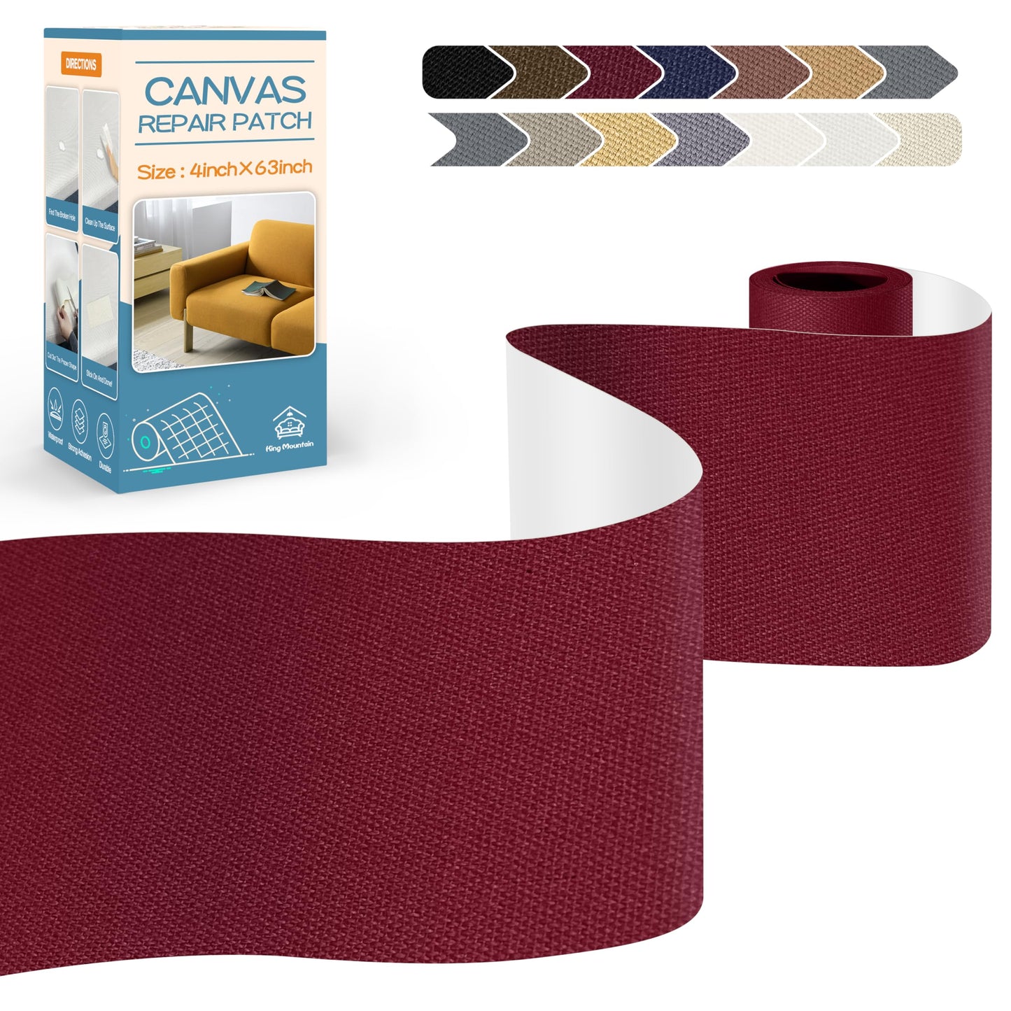 KING MOUNTAIN Canvas Repair Tape,Outdoor Gear Patch, 4×63 Inches,Waterproof,Self-Adhesive for Repairing Boat Covers,Sun Shades,Sofas,Tents,Lounge Chairs,Awnings (Burgundy)