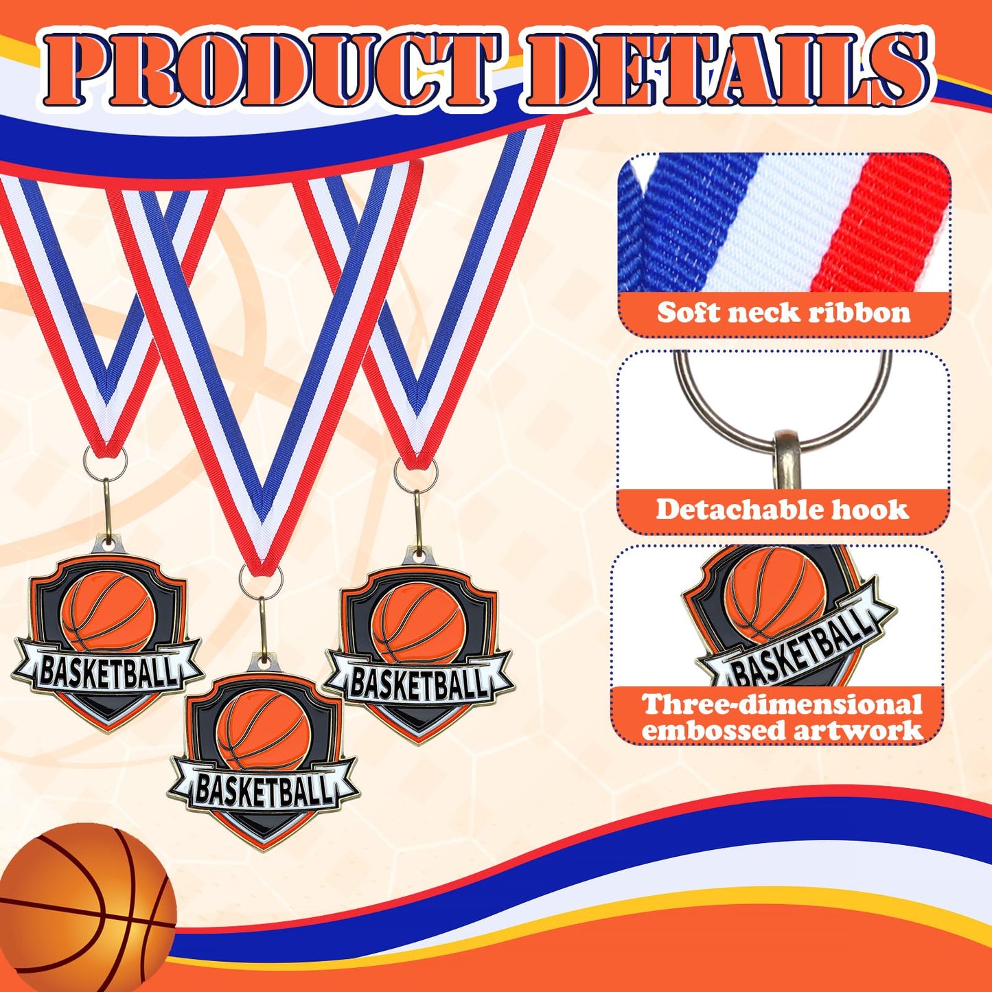 Trnayi 30 Pcs 10/20 /30/40 Pcs Award Medals Bulk Sports Medals with Neck Ribbons 2.4 Inch Winner Award Trophy Prize Gift for Sports Themed Party Favors Tournaments Match (Basketball)