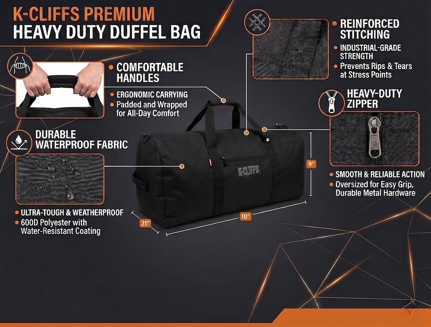 Heavy Duty Cargo Duffel Large Sport Gear Drum Set Equipment Hardware Travel Bag Rooftop Rack Bag (24" x 12" x 12", Black)