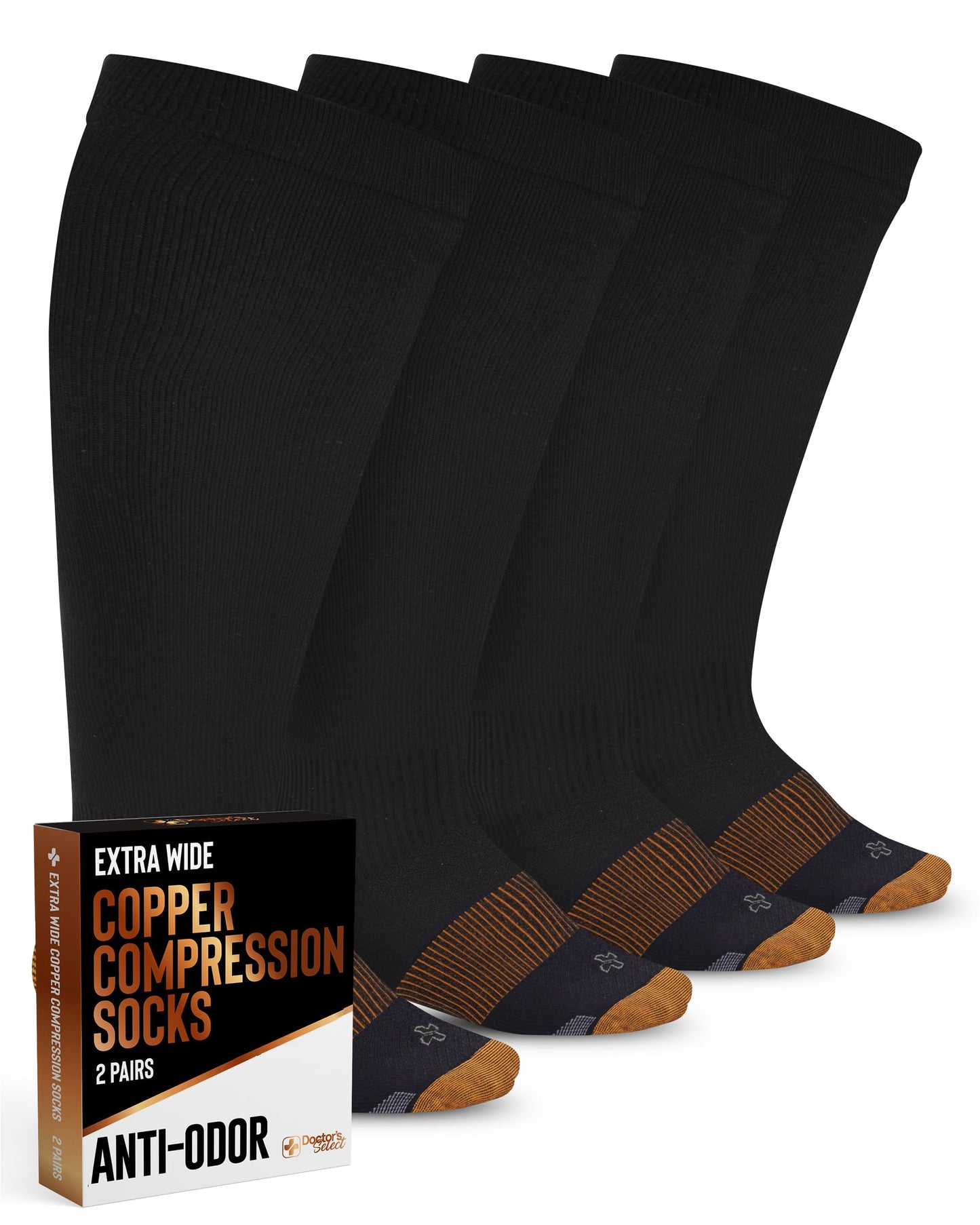 Doctor's Select® Copper Plus Size Compression Socks Wide Calf - 2 Pairs | 20-30mmHg Extra Wide Calf Compression Socks Women Copper for Swelling, Varicose Veins | Black