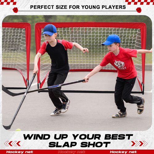 Gemscream Street Hockey Goal with Net Fiberglass Tube 4 Ground Spike and Storage Bag, 48''Portable Lightweight Easy Assembly Durable Hockey Goal Set for Outdoor Indoor Kid Player Training Equipment