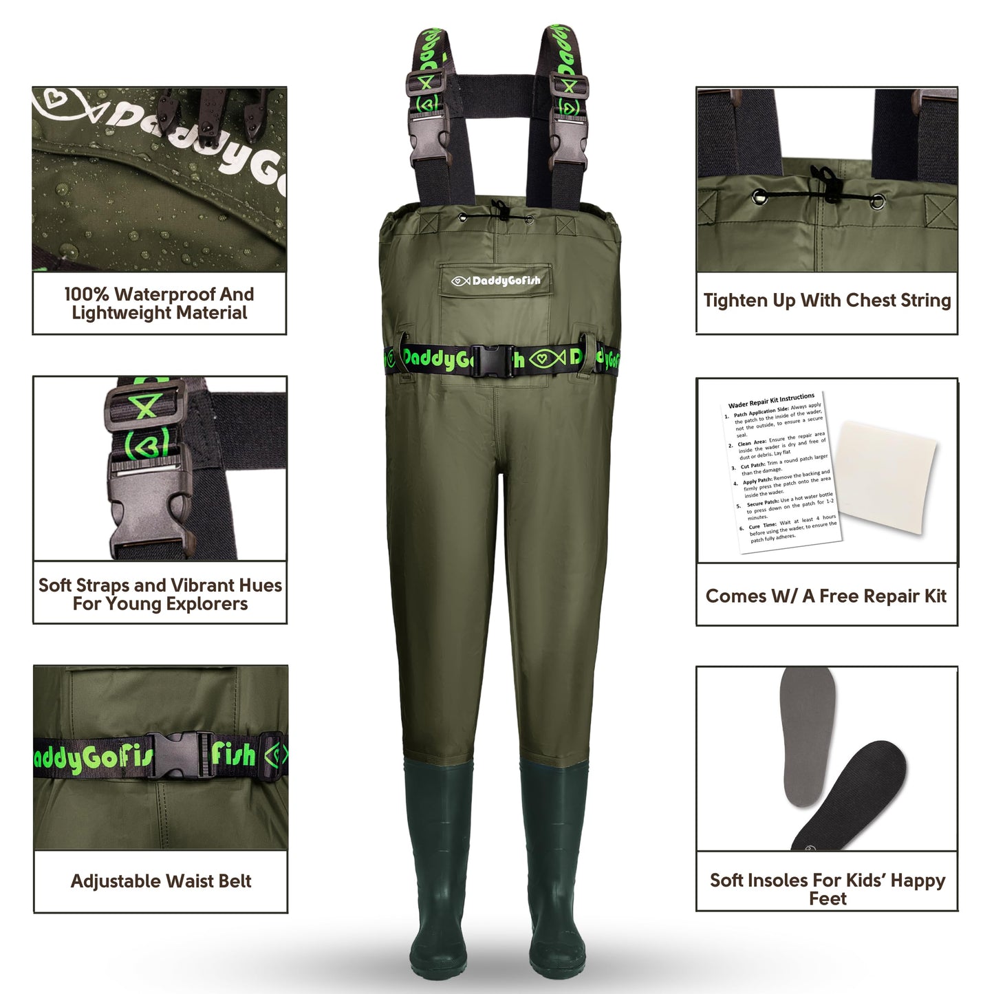 DaddyGoFish Chest Waders for Kids and Adults, Fishing and Hunting Waders with a Pocket and a Wader Hanger