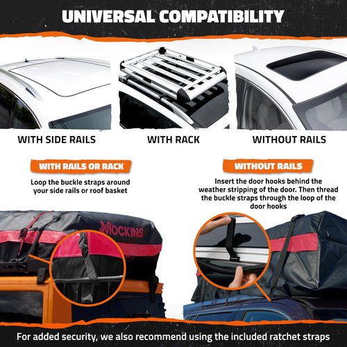 Mockins 45 Cu.Ft. XL Waterproof Rooftop Cargo Bag | 75"x48"x22" Heavy Duty Rooftop Cargo Carrier for Use with or w/o Roof Rack | Car Roof Bag Set Includes Top of Car Storage Mat, Lock, Hooks & Straps