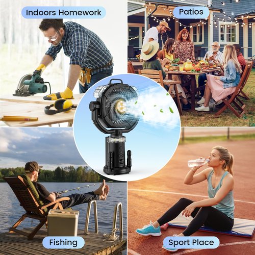 Camping Fan Rechargeable 330ml Portable Misting Fan 20000mah Battery Powered With Led Light Height Adjustable Remote Hook Oscillating Floor Outdoor Fans For Camping Patios, 2 Spray Mister, Black