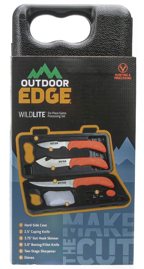 OUTDOOR EDGE WildLite - 6-Piece Field to Freezer Hunting & Game Processing Knife Set with Gut Hook Blade, Caping Knife - Hunting Knives for Gutting Deer with Case - Deer & Elk Accessories