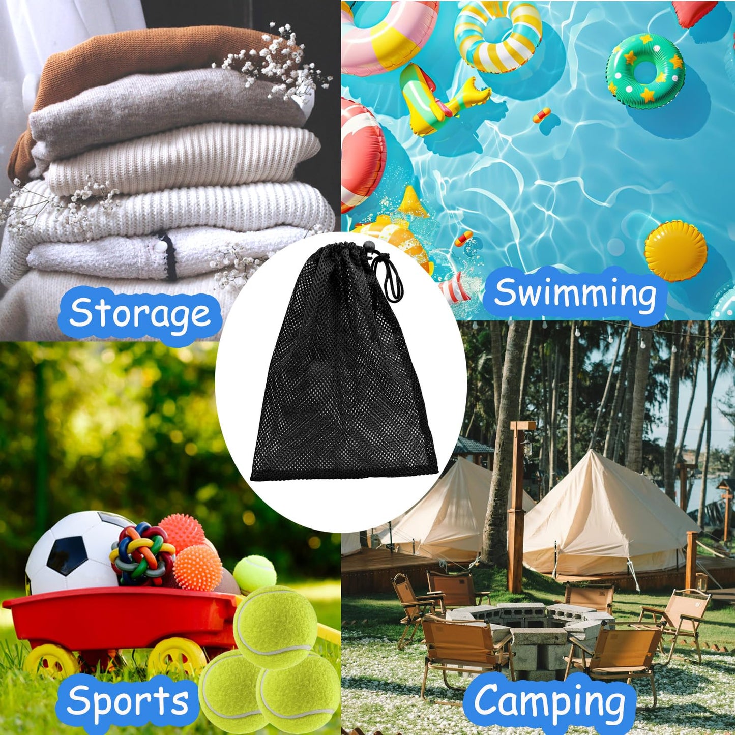 CHENGLAI 6 PCS Mesh Drawstring Bag 12" x 15.7", Durable Sports Equipment Net Bag Multipurpose Mesh Storage Bags for Tennis Ball, Golf Ball, Swimming, Camping and Travel, Black