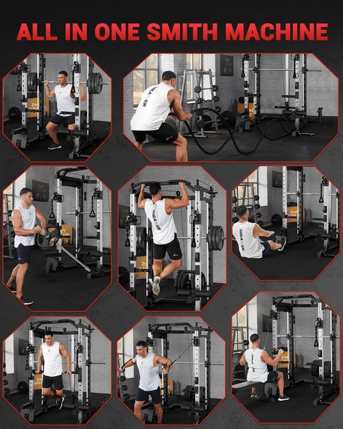 GarveeLife Smith Machine Home Gym, 2200LBS Squat Rack Power Cage, All in One Home Gym Workout Station with Smith Bar, LAT Pull-Down, Cable Crossover System and More Attachments