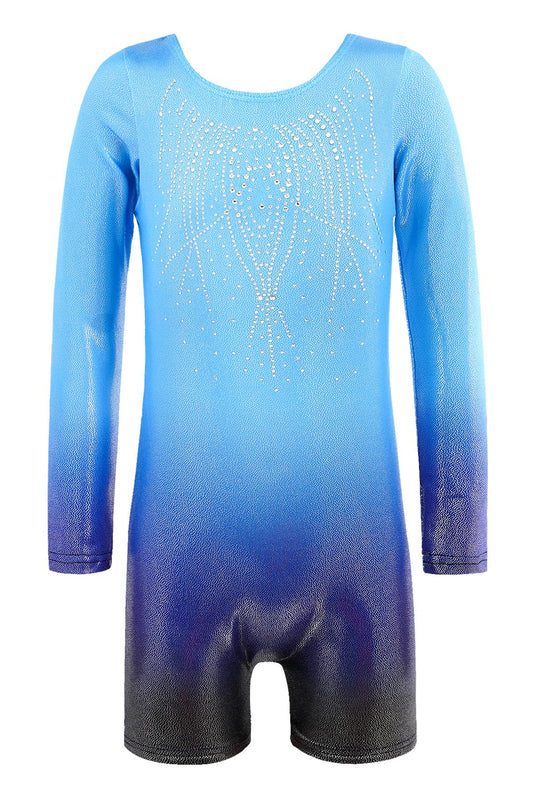 EQSJIU Long Sleeve Gymnastics Leotards for Girls with Shorts Toddler Tumbling Outfits Kids Sparkly Dance Leotard, 9-10 Years, Dark Blue