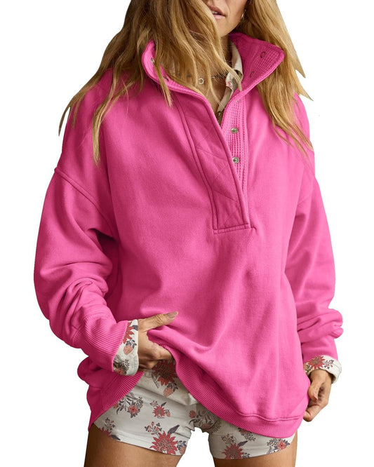 Gacaky Sweatshirt for Women Oversized Casual Long Sleeve Button Henley Neck Pullover Tops Fashion Outfits Clothes Hot Pink XS