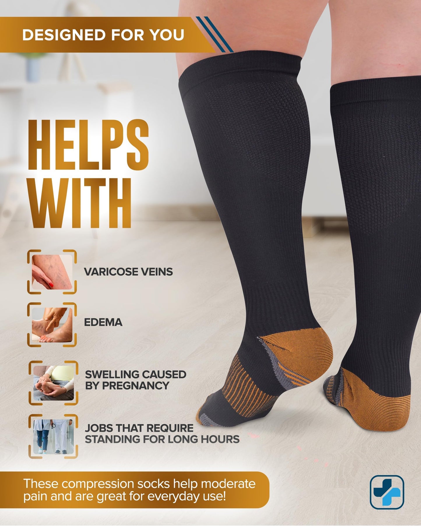 Doctor's Select® Copper Plus Size Compression Socks Wide Calf - 2 Pairs | 20-30mmHg Extra Wide Calf Compression Socks Women Copper for Swelling, Varicose Veins | Black