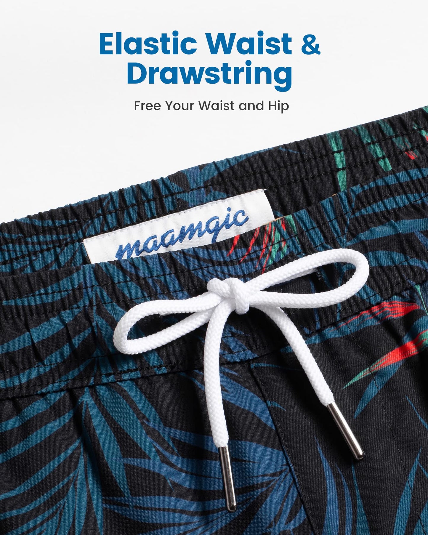 maamgic Mens Swim Trunks with Compression Liner 5 Inch, Quick Dry Bathing Suit with Zipper Pockets, Stretch No-Chafing Swim Shorts, Black-Orange Leaf Silhouette X-Small