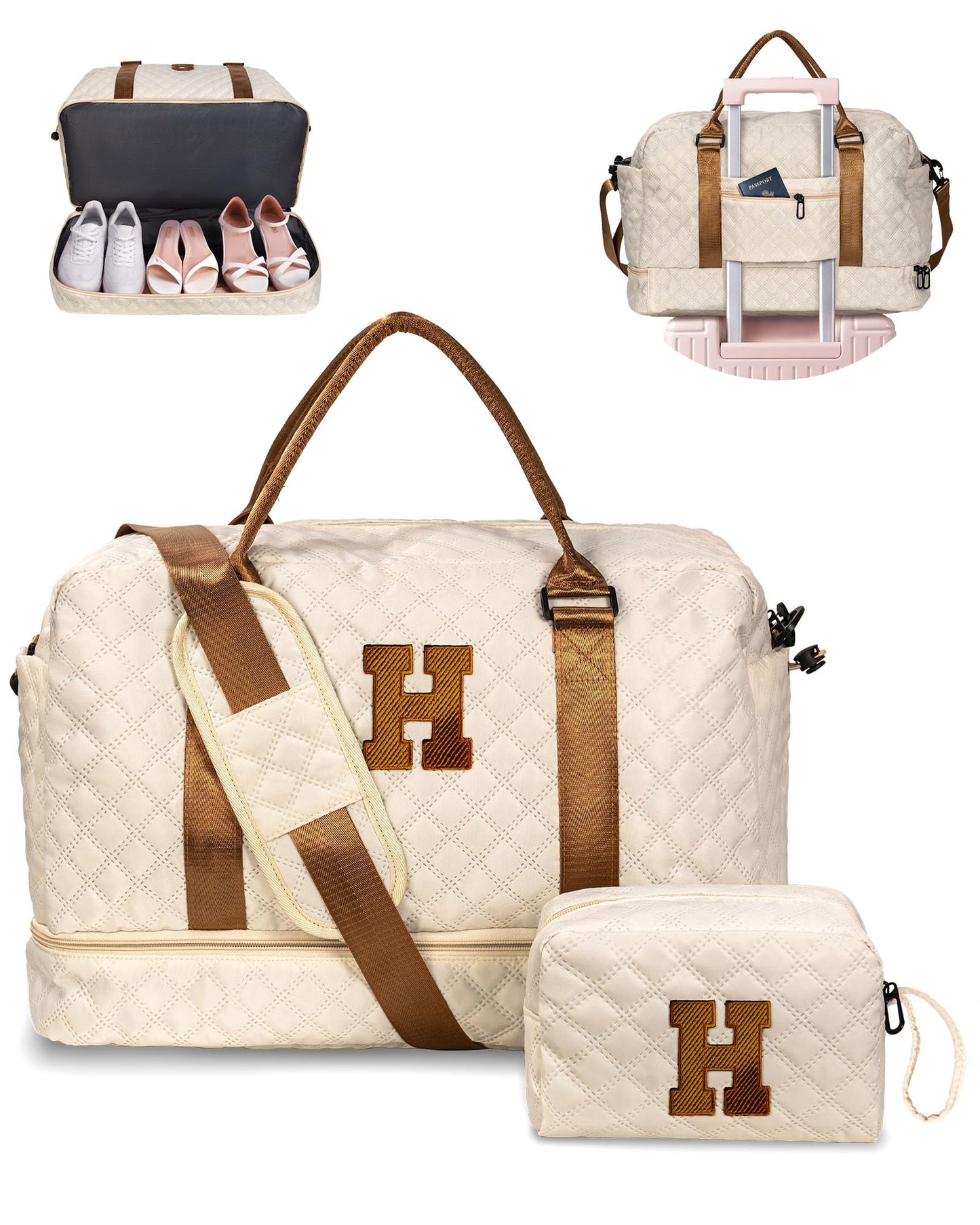 Vogewood Travel Bags for Women/Teen Girls - Initial Weekender Bags Overnight Travel Bag with Shoe & Makeup Compartment - Personalized Gifts for Women-Monogram Gift for Her-Teen Girl Gifts (Letter H)