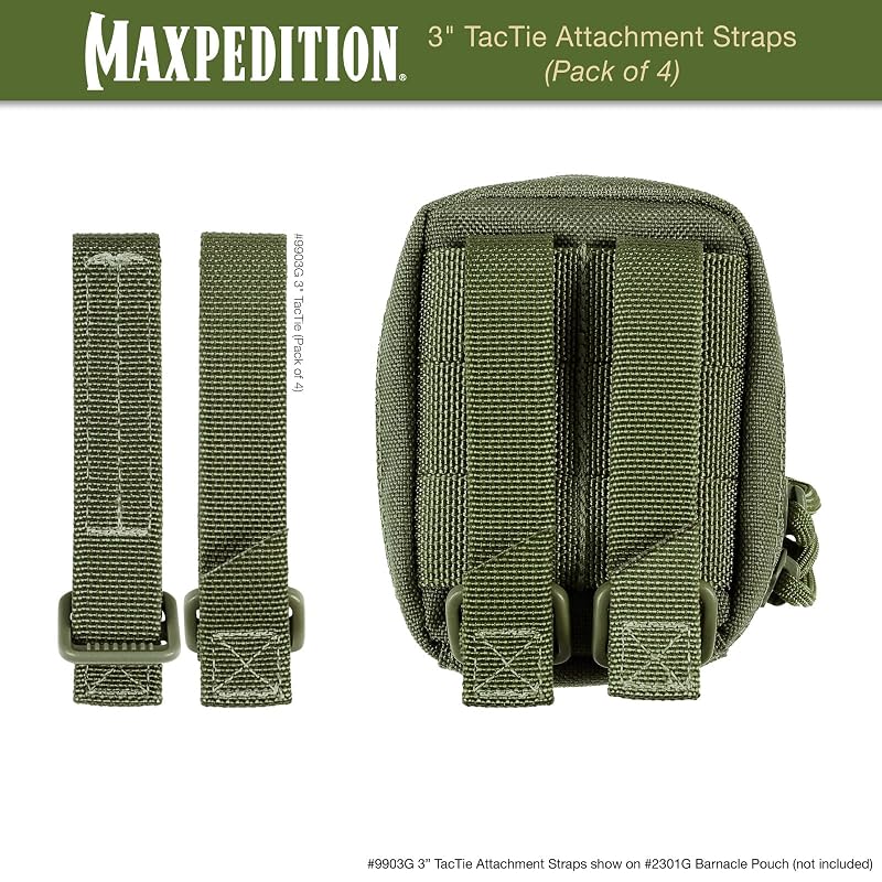 TacTie 3-Inch Attachment Straps (Pack of 4) MOLLE Clips for Pouches – Green