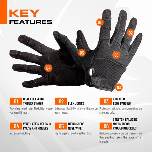 PIG Alpha Full Dexterity Tactical Gloves for Shooting, Touchscreen Compatible, Breathable, 1 Pair, Black, Large