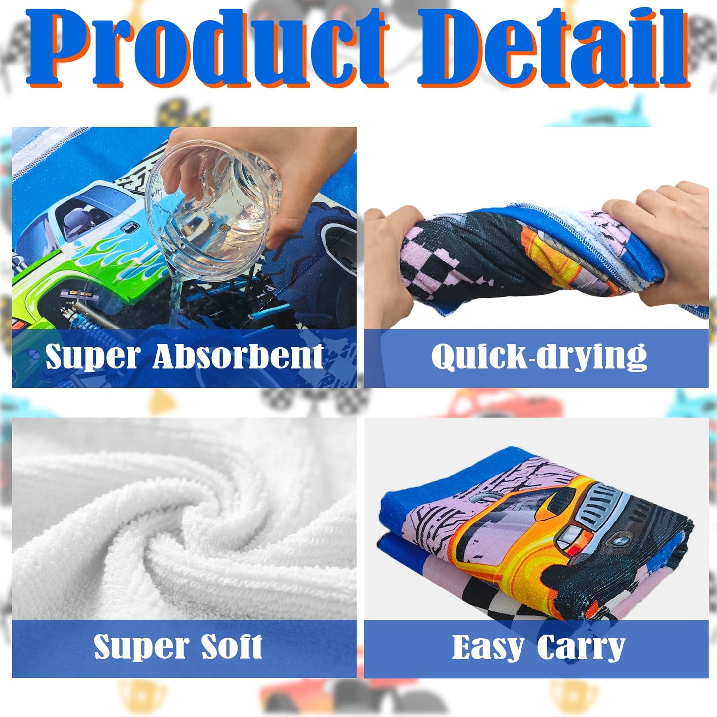 Truck Beach Towel for Kid 30 X 60 Inch Monster Trucks Microfiber Pool Towel Absorbent Quick Dry Beach Towel Racing Car Blanket for Boys Summer Pool Party Supplie Bath Sport Travel for Kids Gift